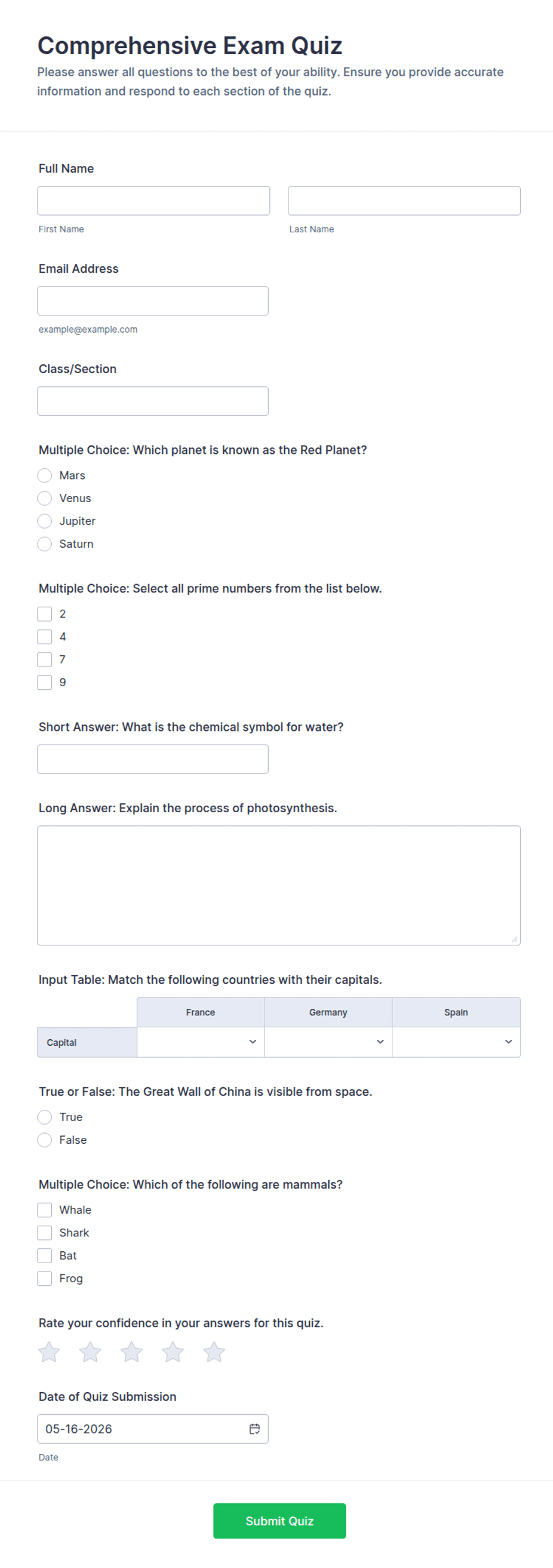 Example Exam Question Form Comprehensive Exam Quiz Form Template | Jotform