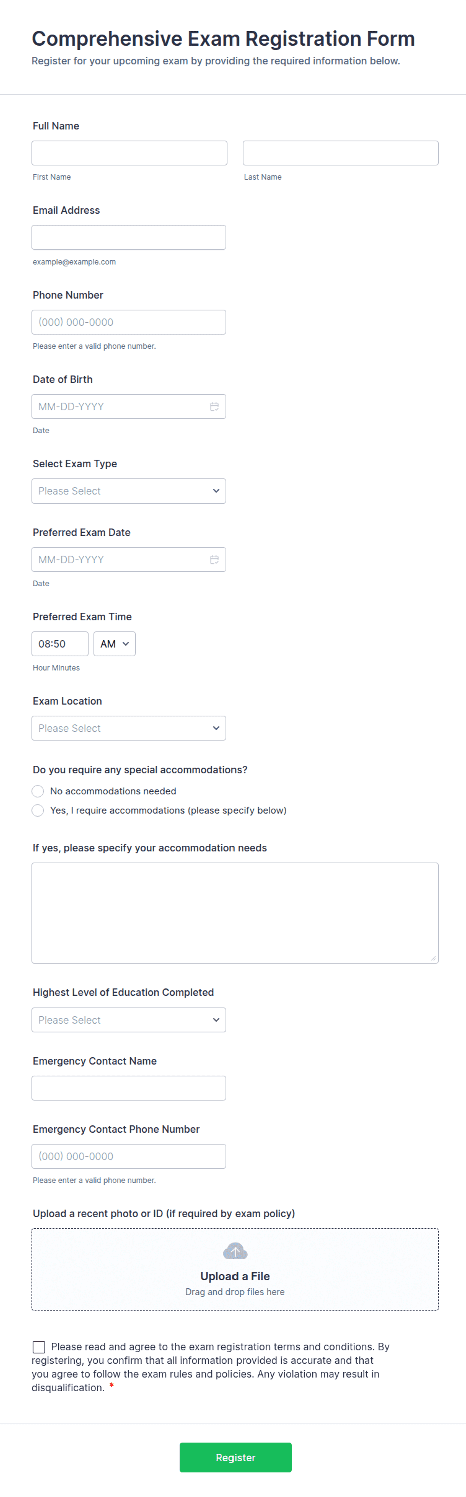Comprehensive Exam Registration Form Template | Jotform