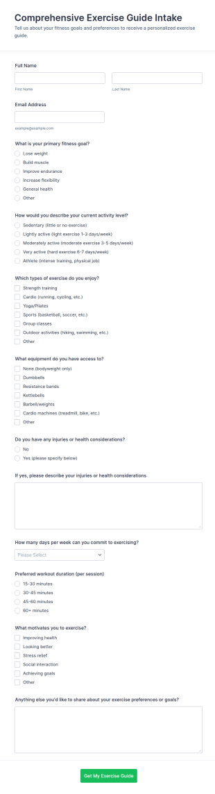 Comprehensive Exercise Guide Intake Form Template