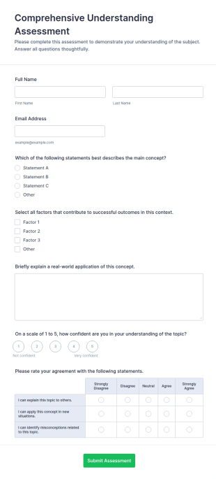 Comprehensive Understanding Assessment Form Template