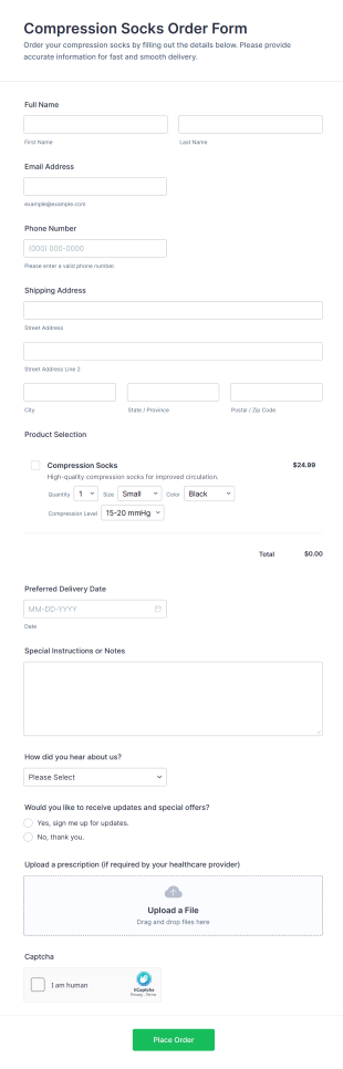 Compression Socks Order Form Template