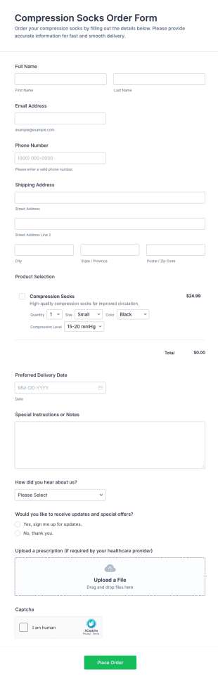 Compression Socks Order Form Template