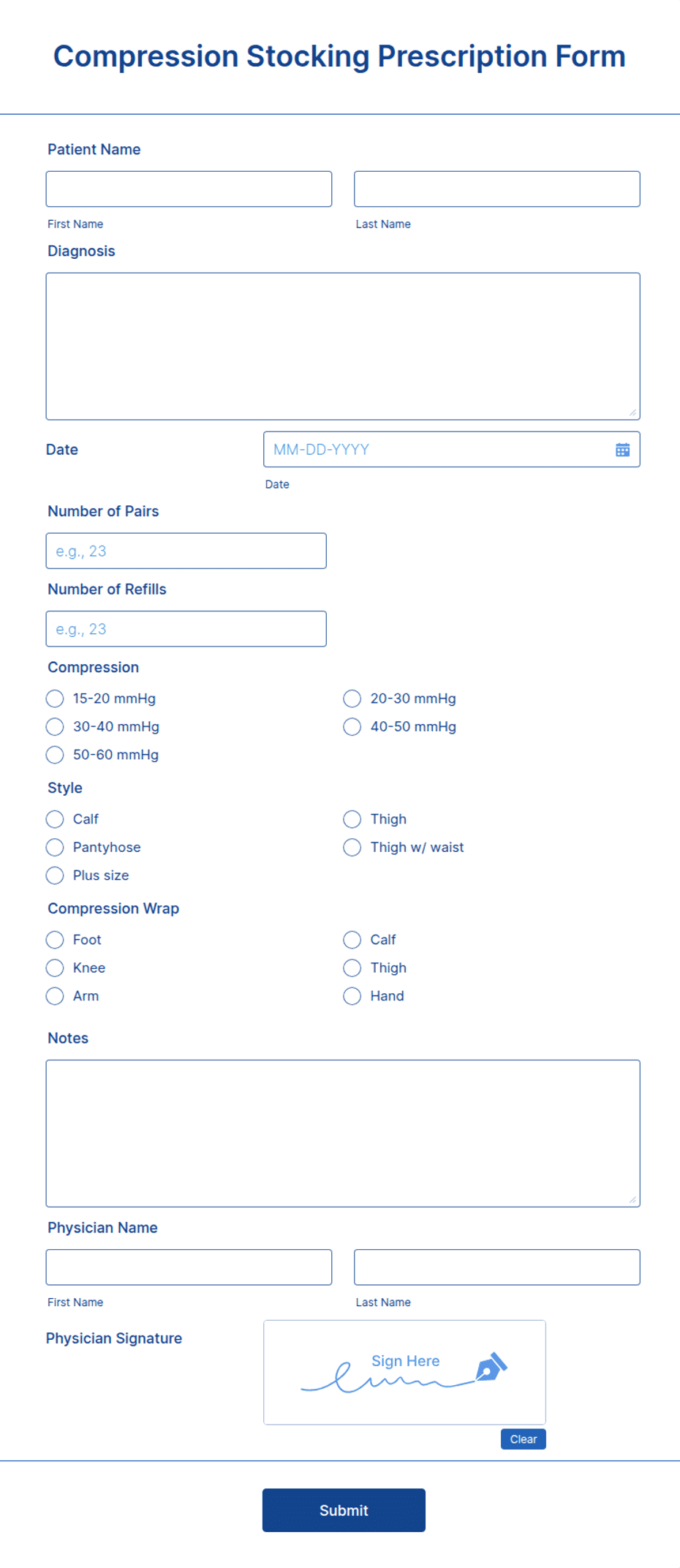Compression Order Form Compression Stocking Prescription Form Template | Jotform