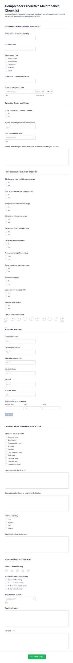 Compressor Predictive Maintenance Checklist Form Template