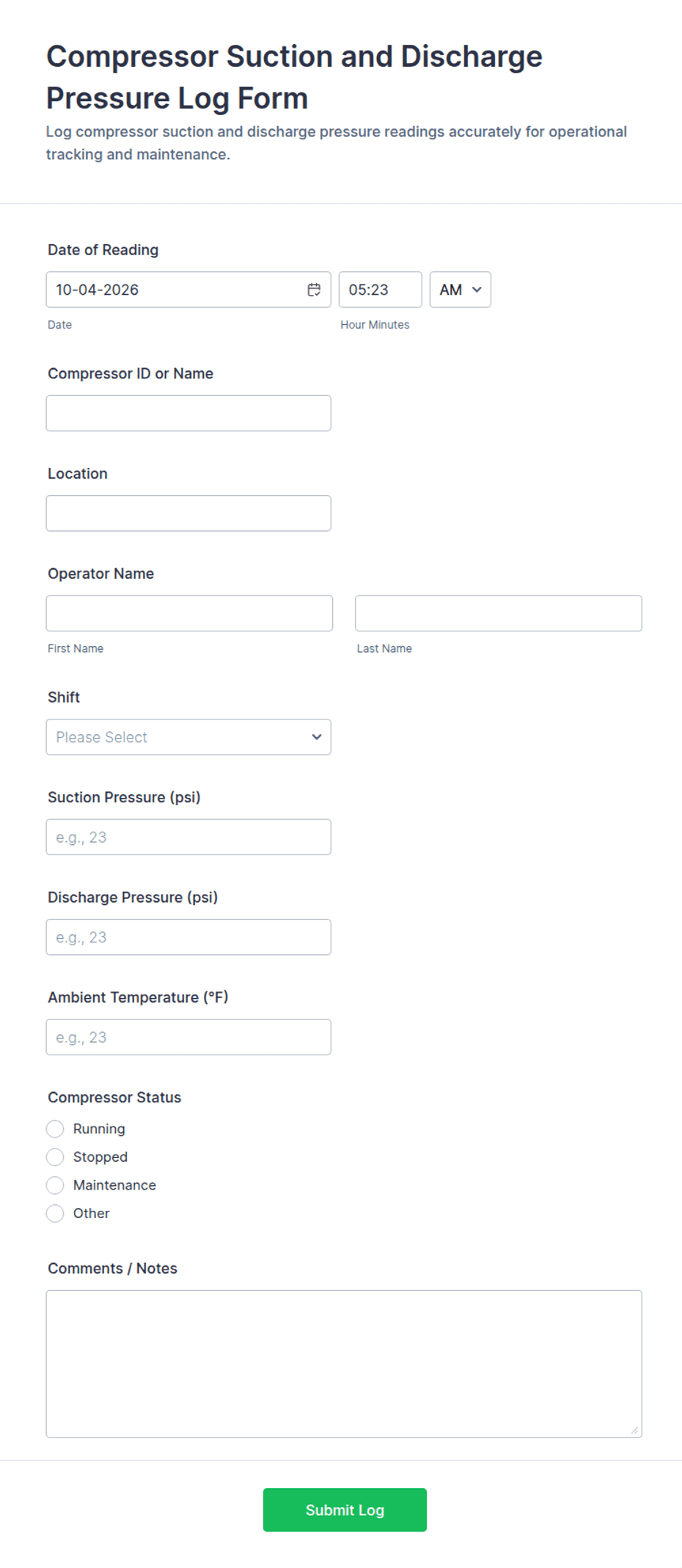 Compressor Suction and Discharge Pressure Log Form Template | Jotform