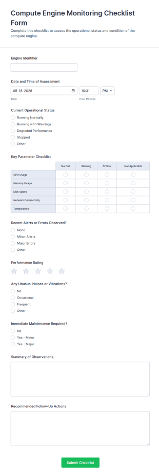 Compute Engine Monitoring Checklist Form Template