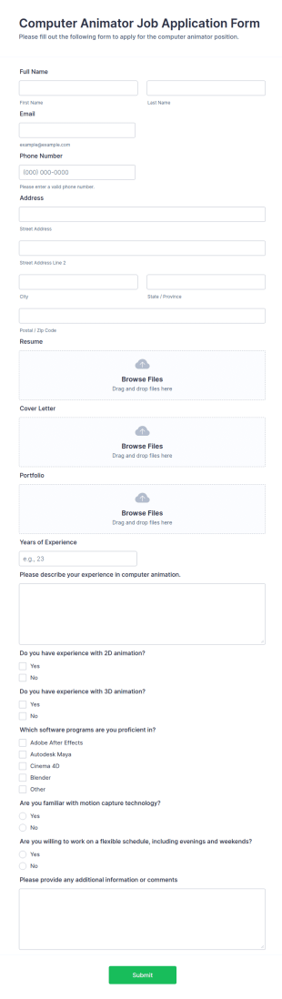 Computer Animator Job Application Form Template