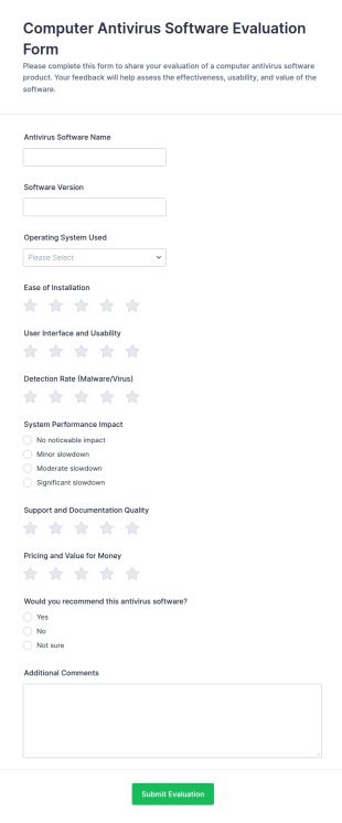 Computer Antivirus Software Evaluation Form Template