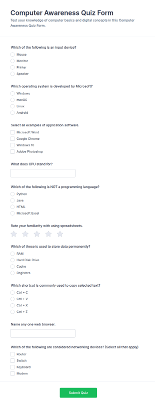 Computer Awareness Quiz Form Template
