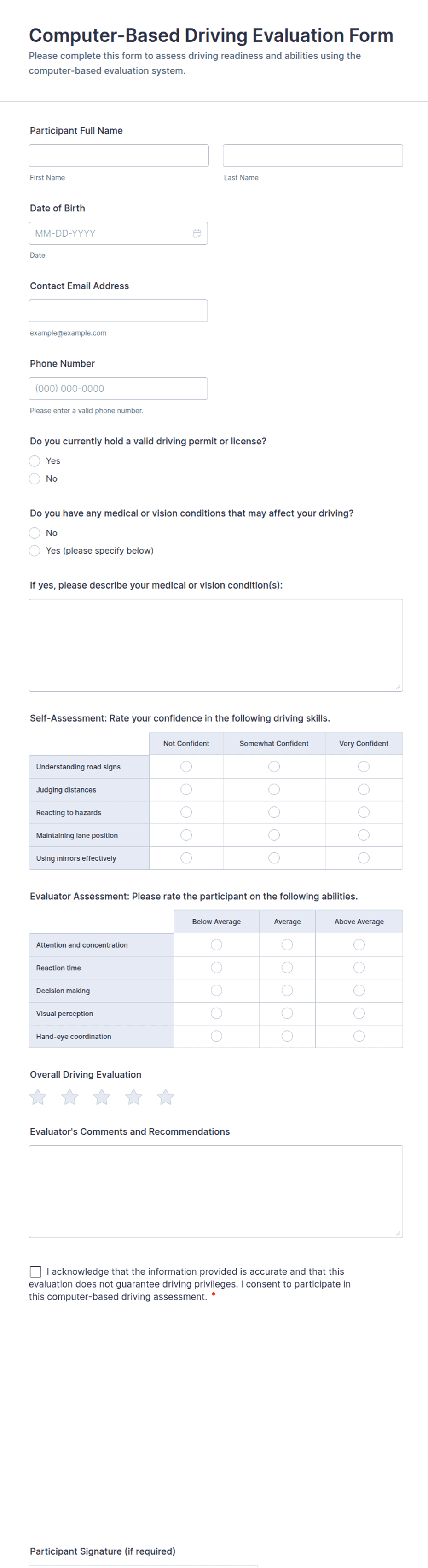 Driving Assessment Report Example Computer-Based Driving Evaluation Form Template | Jotform