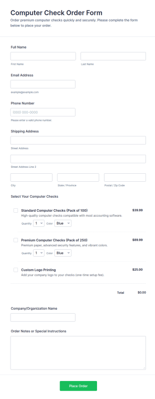 Computer Check Order Form Template