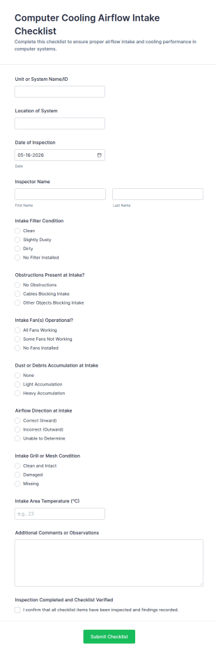 Computer Cooling Airflow Intake Checklist Form Template