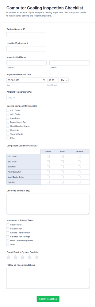 Computer Cooling Inspection Checklist Form Template