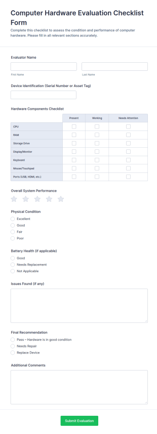 Computer Hardware Evaluation Checklist Form Template