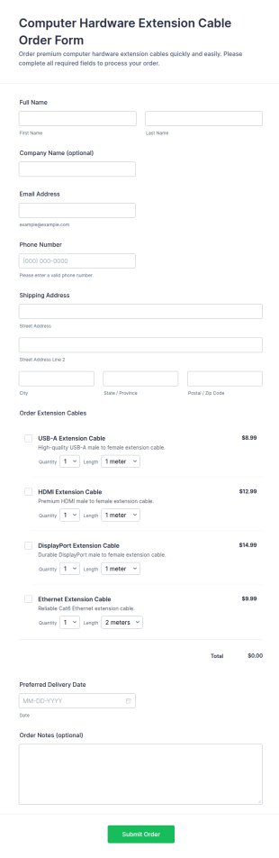 Computer Hardware Extension Cable Order Form Template