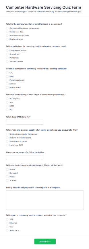 Computer Hardware Servicing Quiz Form Template