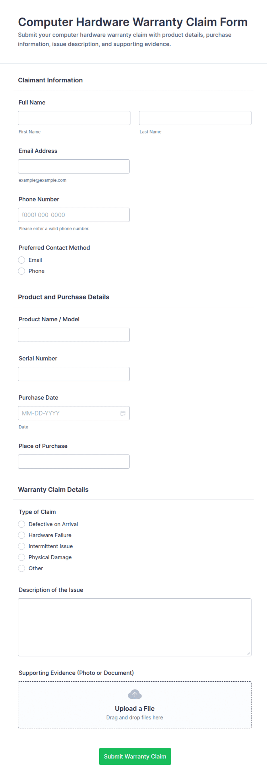 Computer Hardware Warranty Claim Form Template | Jotform