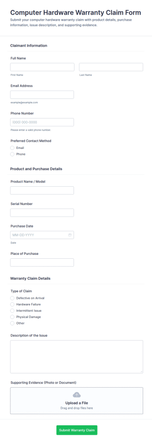 Computer Hardware Warranty Claim Form Template