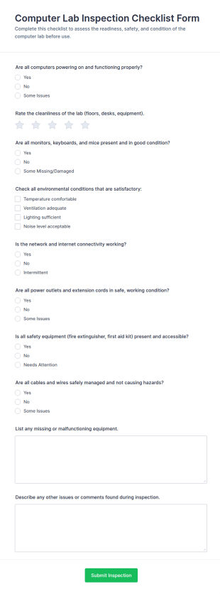 Computer Lab Inspection Checklist Form Template