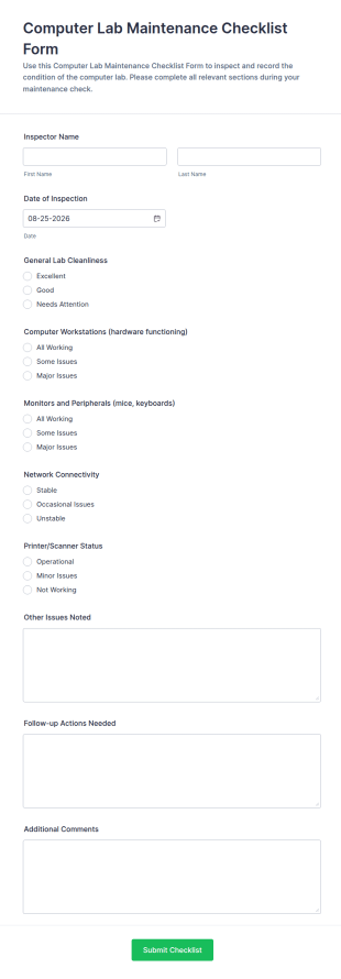 Computer Lab Maintenance Checklist Form Template