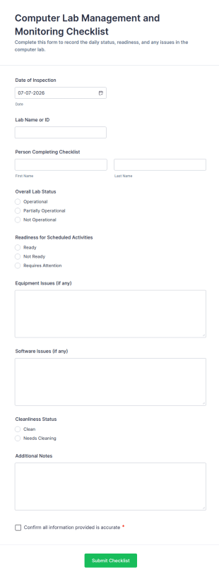 Computer Lab Management And Monitoring Checklist Form Template