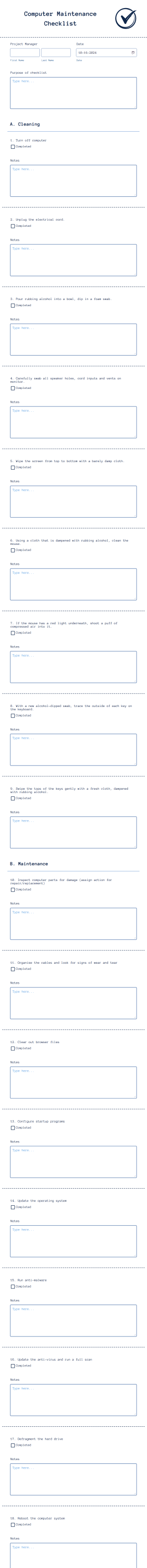 Computer Maintenance Checklist Form Template