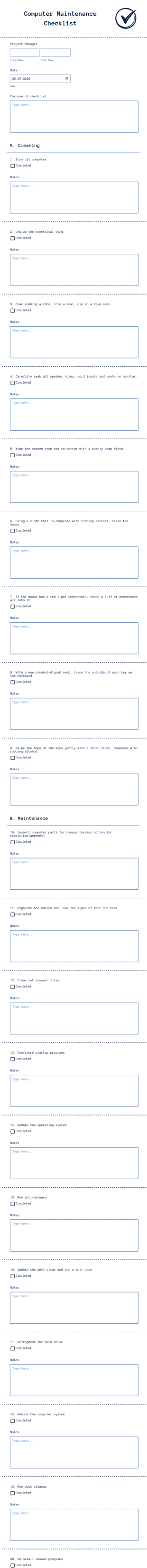 Computer Maintenance Checklist Form Template