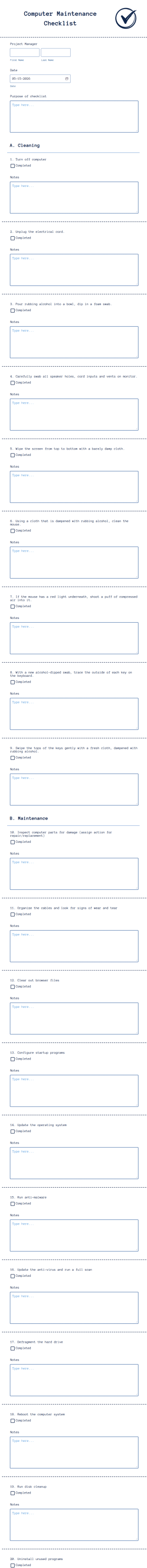 Computer Maintenance Checklist Form Template