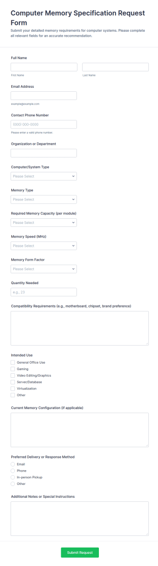 Computer Memory Specification Request Form Template
