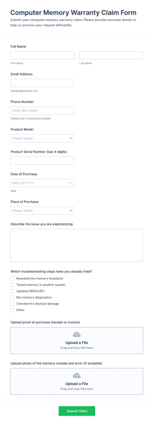 Computer Memory Warranty Claim Form Template