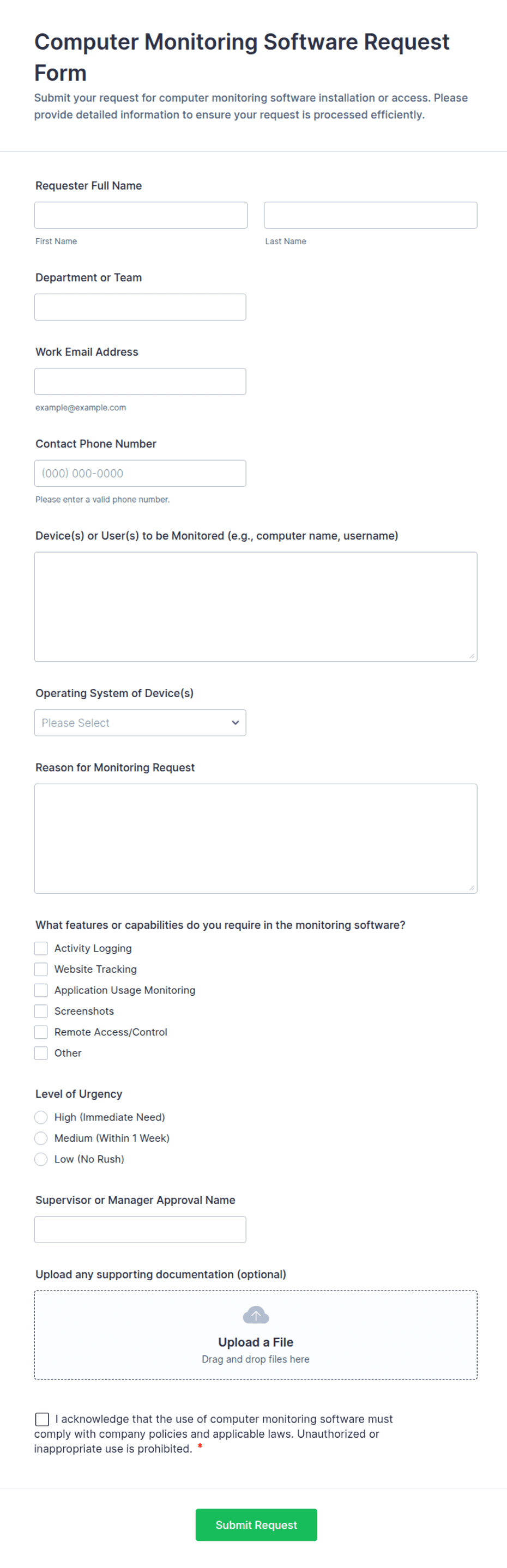Sample Request Computer Form Computer Monitoring Software Request Form Template | Jotform