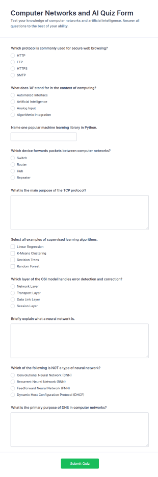 Computer Networks And AI Quiz Form Template