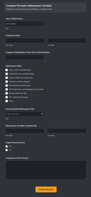 Computer Preventive Maintenance Checklist Form Template