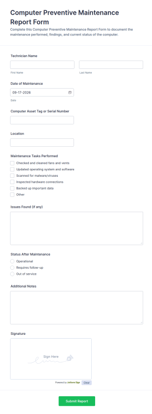 Computer Preventive Maintenance Report Form Template