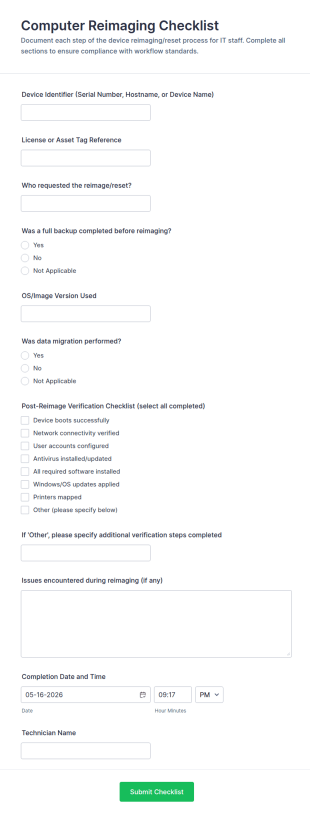 Computer Reimaging Checklist Form Template