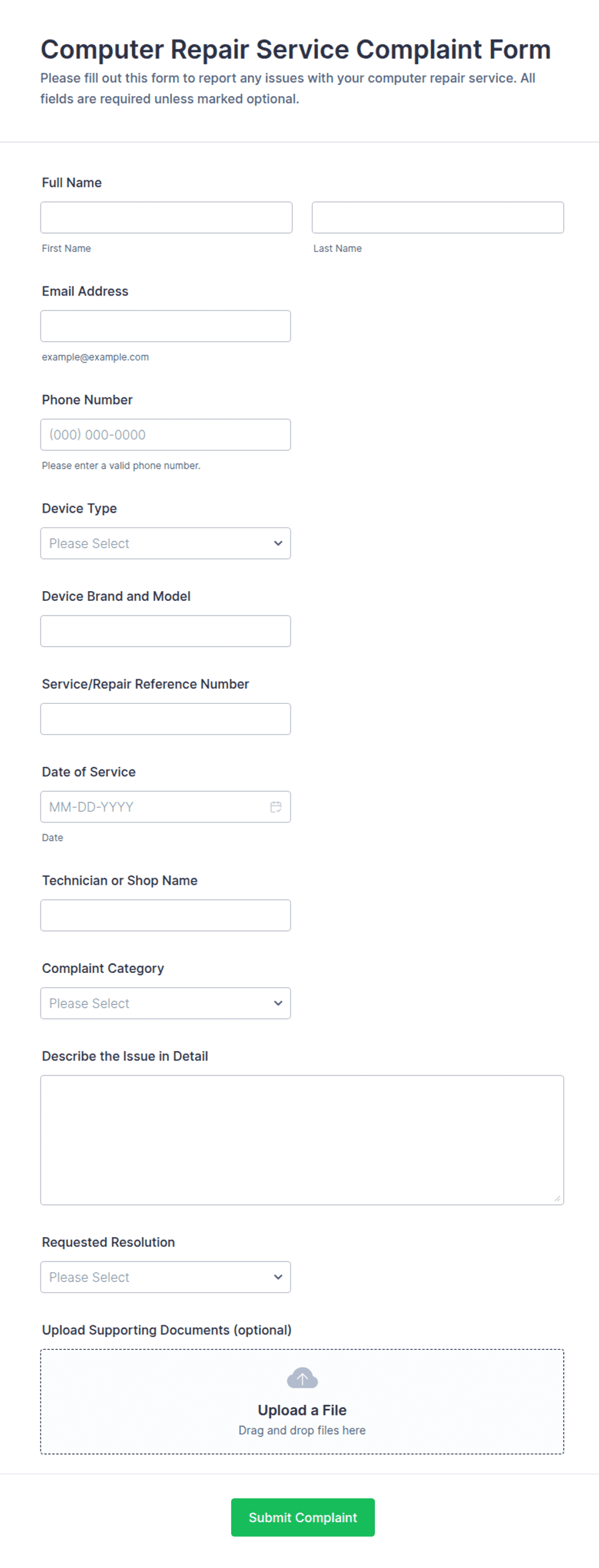 Computer Repair Service Complaint Form Template | Jotform