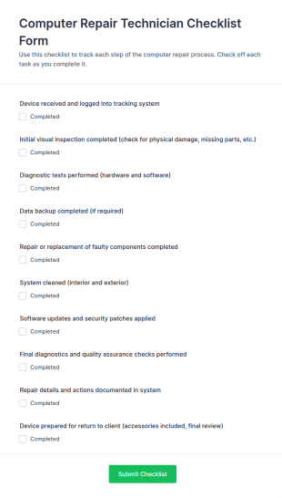 Computer Repair Technician Checklist Form Template