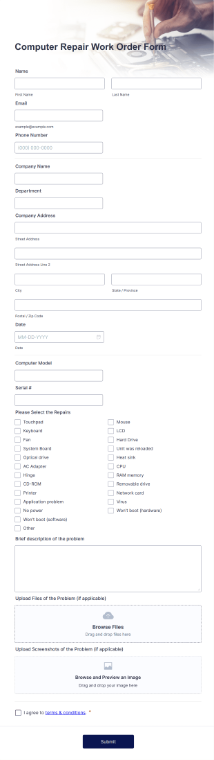 Computer Repair Work Order Form Template