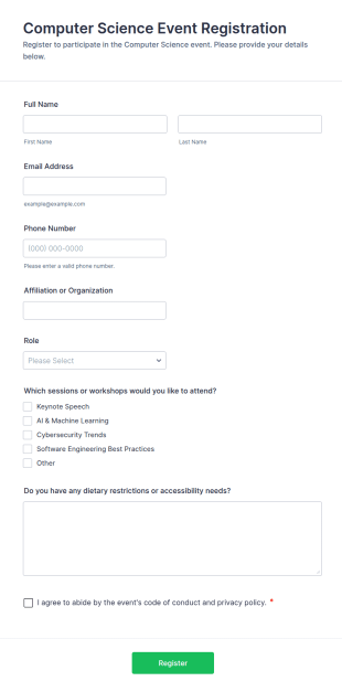 Computer Science Event Registration Form Template