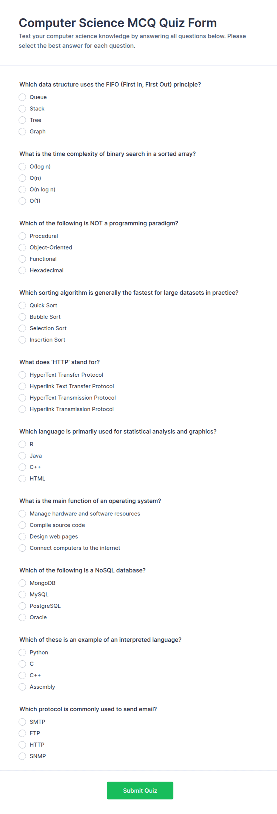 Computer Science MCQ Quiz Form Template | Jotform