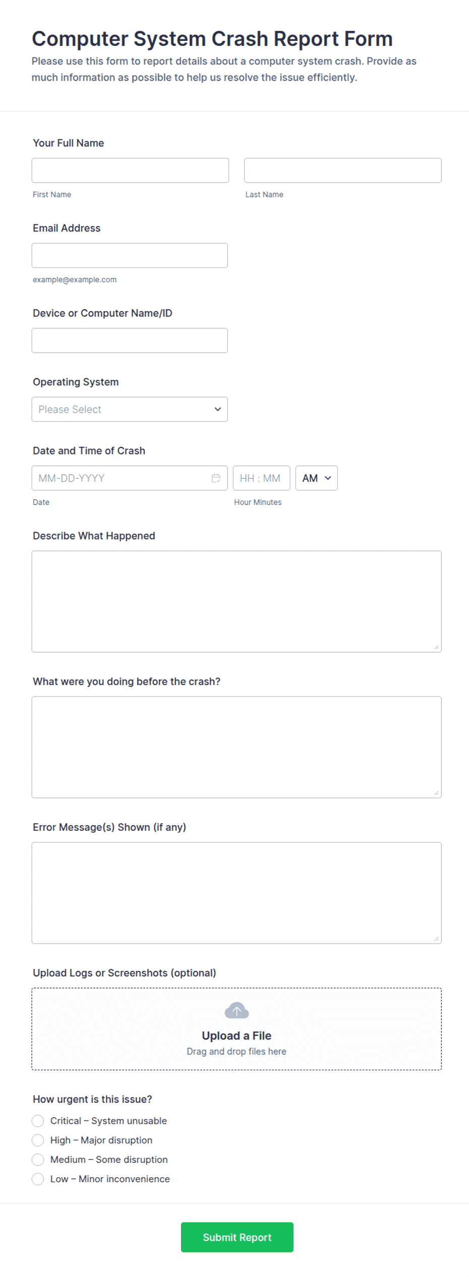 Computer System Crash Report Form Template | Jotform