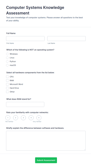 Computer Systems Knowledge Assessment Form Template