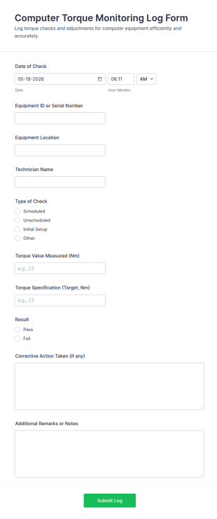 Computer Torque Monitoring Log Form Template