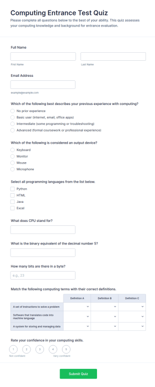 Computing Entrance Test Quiz Form Template
