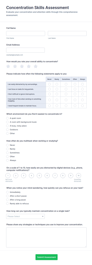 Concentration Skills Assessment Form Template