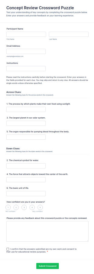 Concept Review Crossword Puzzle Form Template
