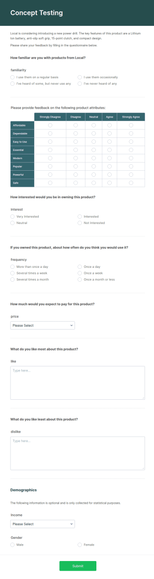 Concept Testing Survey Form Template