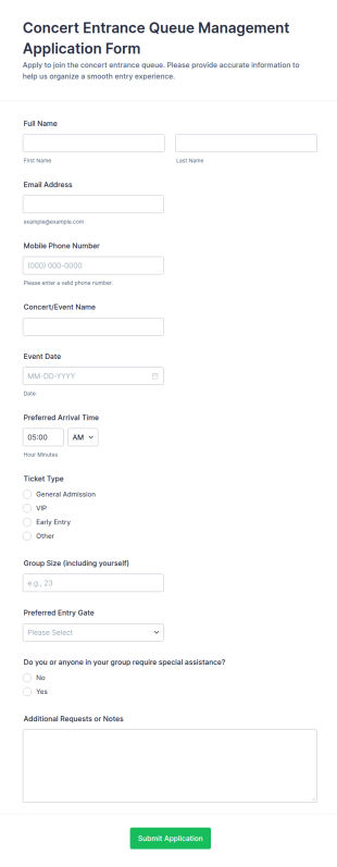 Concert Entrance Queue Management Form Template