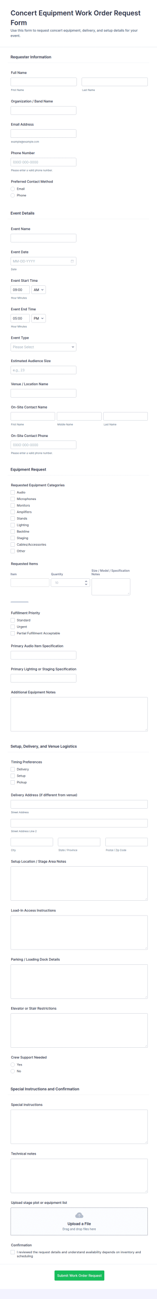 Concert Equipment Work Order Request Form Template