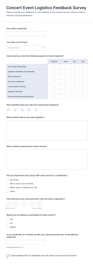 Concert Event Logistics Feedback Survey Form Template